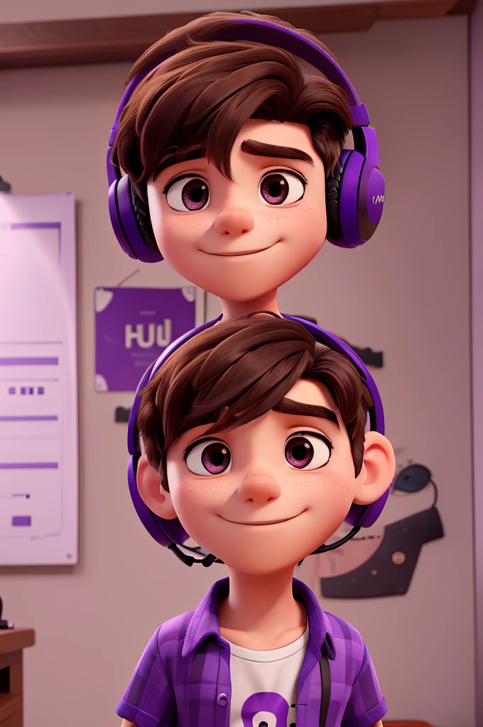 create an image of a young man who likes music wearing a purple blouse with a purple music print, brown or black hair, and using headphones