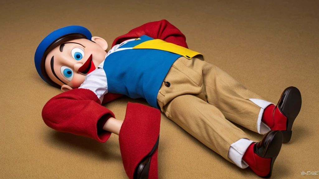 Create a airbrush glossy image featuring Pinocchio terrified , dressed in a yellow hat with a red feather, a blue bow tie, and red shoes, lies down in surprise and fear. His wooden body shows signs of distress as Woody Woodpecker bursting out from his pinocchio chest with only his head visible, grinning mischievously. The background is a textured beige color, enhancing the dramatic and unexpected nature of the scene.