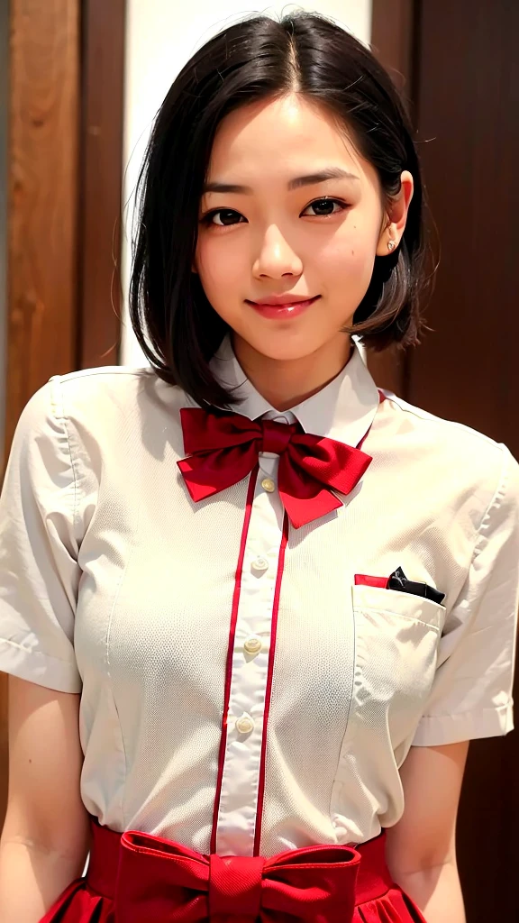 (1 woman:1.99)、(Wide forehead、Very short hair、Very small amount of hair、Forehead、Fuji frame:1.1)、Sunburn、、Naughty、Happy expression、満面のsmile、Weakness、love、I feel very comfortable alone、(Japanese high school girls uniform、red bow tie),((Very sleepy、Improves skin texture,smile、Narrow eyes、Very weak eyesight、Very weak eyeliner、Eyes slightly closed、I know the shape of your head、Oval Face))、(slicked back hair:1.25)、Photographic, Raw photo, Mastepiece, Highly detailed photos, Digital SLR, Photo-realistic 1.4, Super hello nothing, Best Quality,(standing、tilting your head、whole body:1.7)