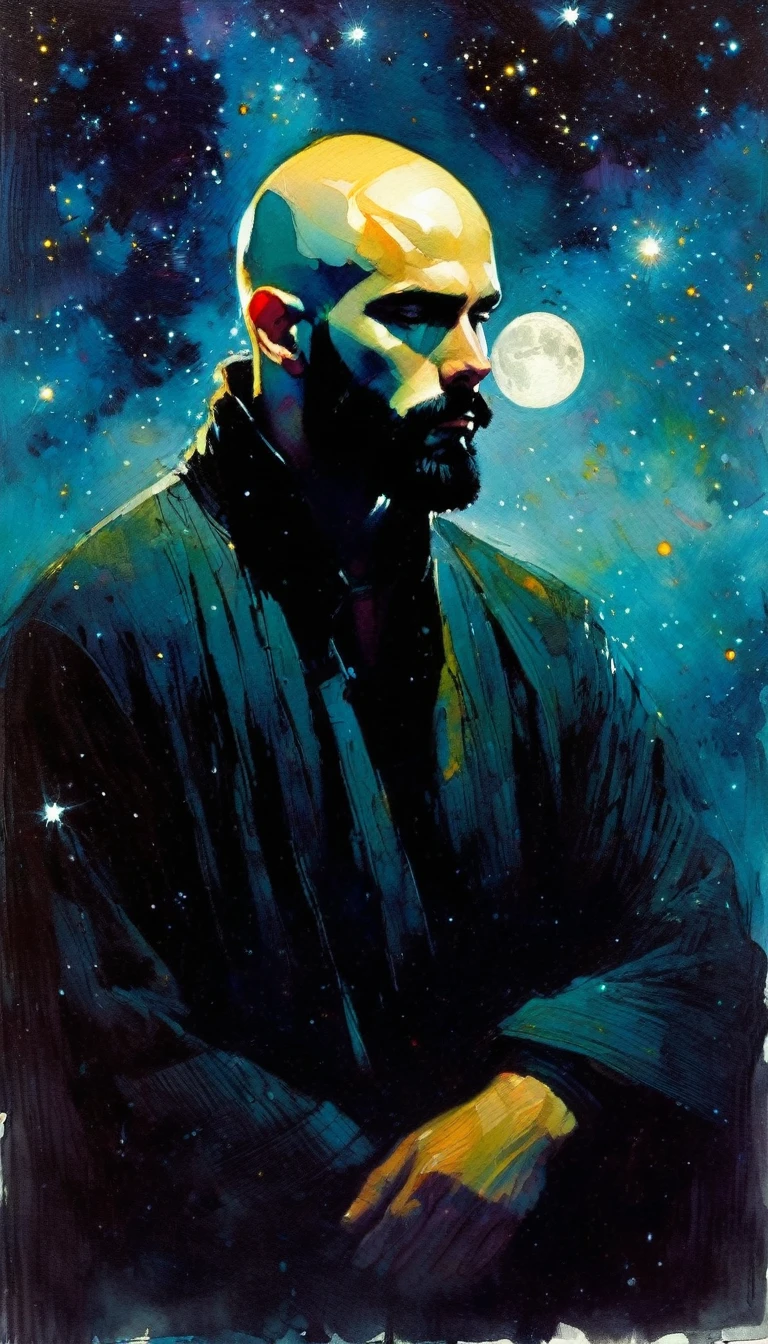 young, bald man with black beard, loneliness, fantastic, night sky, moon, stars, background (art inspired by Bill Sienkiewicz). oil painting)
