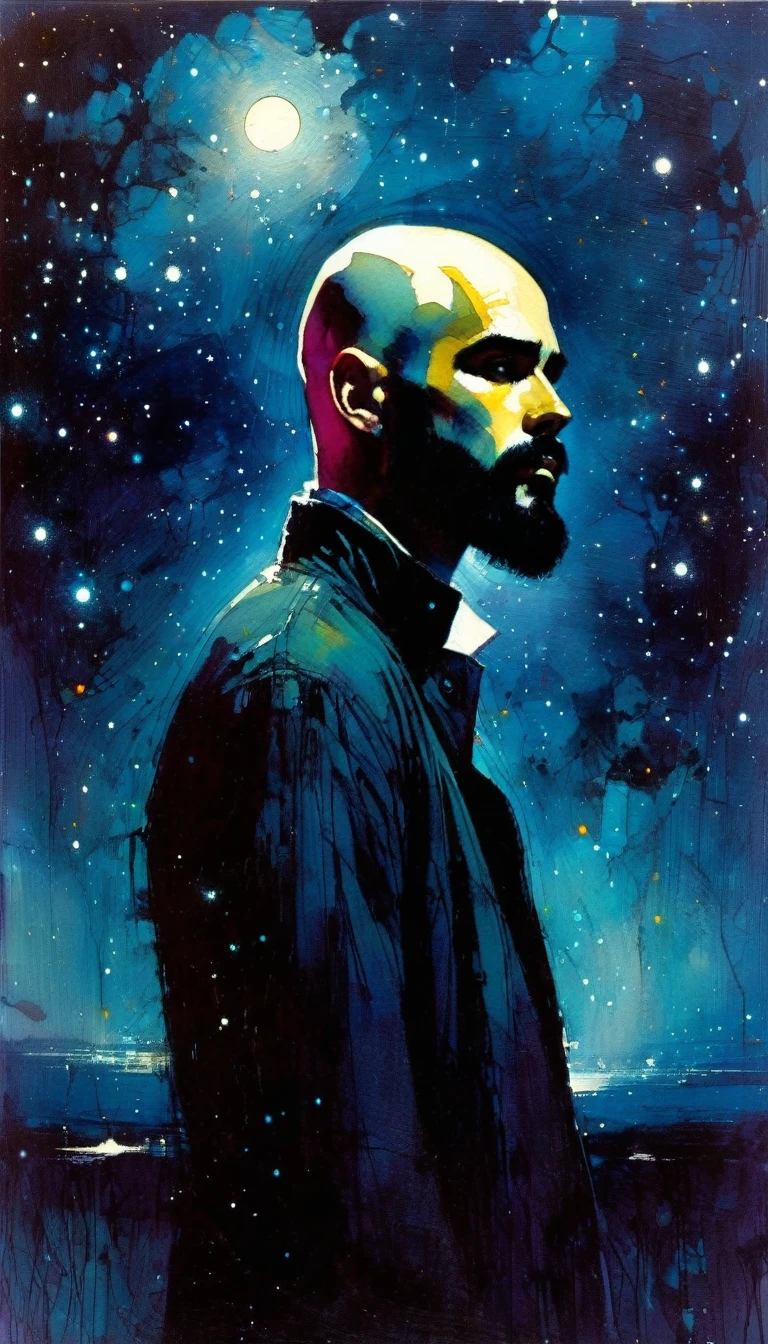 young, bald man with black beard, loneliness, fantastic, night sky, moon, stars, background (art inspired by Bill Sienkiewicz). oil painting)