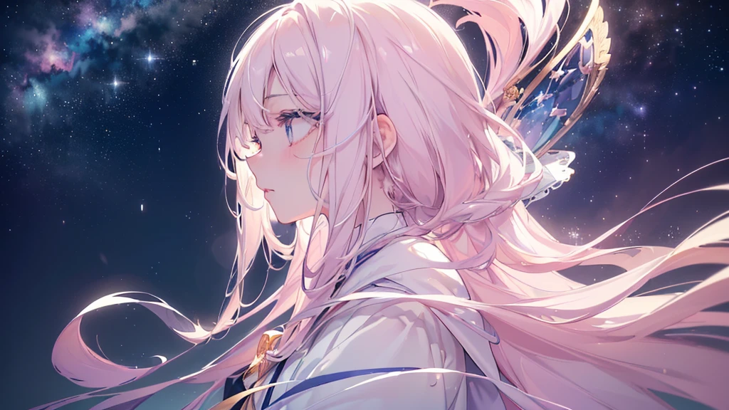 (Night Sky), ((Beautiful eyes)), (((profile))), (((Highest quality、masterpiece、Ultra-fine、Ultra-fine、Exquisite、16K、Full HD,high school girl))) 、Long eyelashes、White skin、(thin and long)、 ((cute)) ((One person)),Zoom out,(A magnificent composition、epic proportion)、(Pale pink lips、Pale pink cheeks、thin and long)、Dynamic lighting,