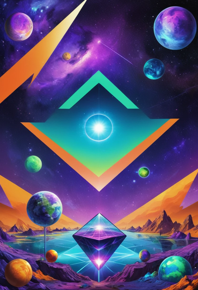psychedelic out of reality mystical seen from the front, futuristic and geometric technology backdrop, spirit, dmr, md, , thc intergalactic, other planets and mirror effects, colors, purple, green, blue and orange. electronic album cover