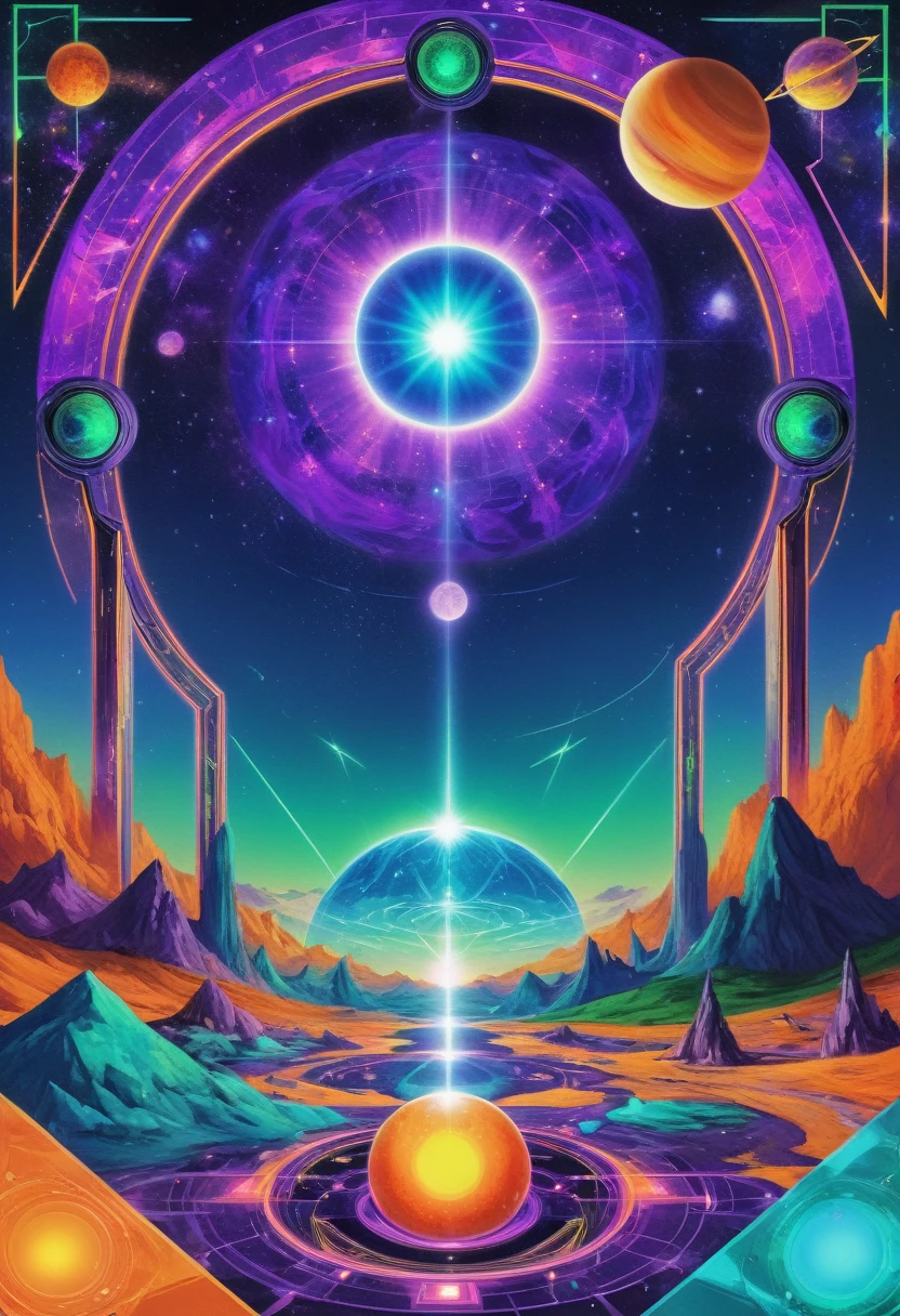 psychedelic out of reality mystical seen from the front, futuristic and geometric technology backdrop, spirit, dmr, md, mdma, thc intergalactic, other planets and mirror effects, colors, purple, green, blue and orange. electronic album cover