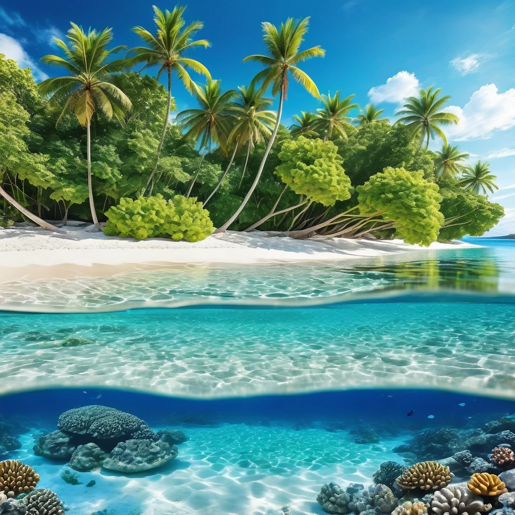 Generate a tropical paradise with crystal-clear waters. Depict a beach with white sand and vibrant coral reefs beneath the surface. The scene should showcase the reflections of the azure sky and lush palm trees on the water's surface.