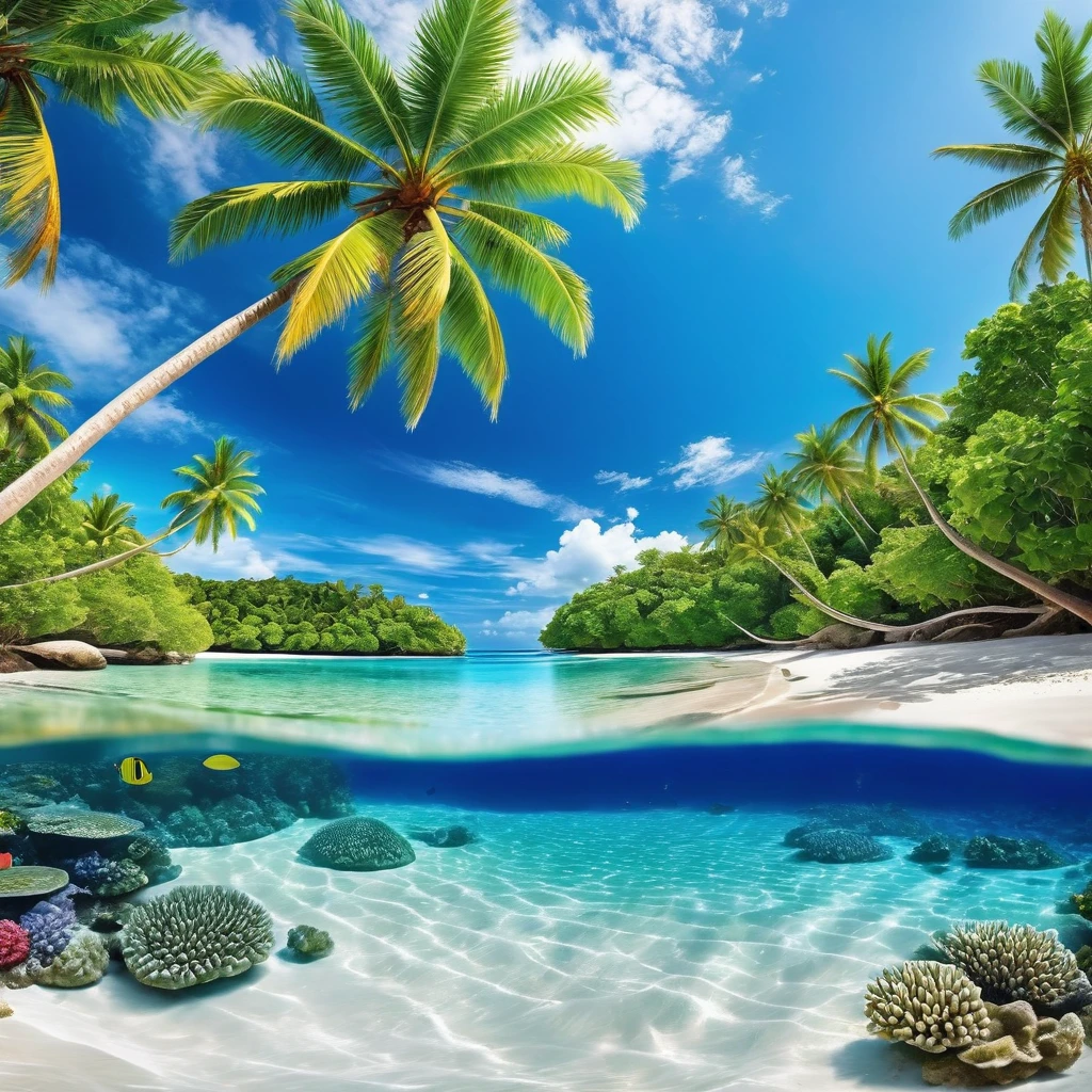 Generate a tropical paradise with crystal-clear waters. Depict a beach with white sand and vibrant coral reefs beneath the surface. The scene should showcase the reflections of the azure sky and lush palm trees on the water's surface.