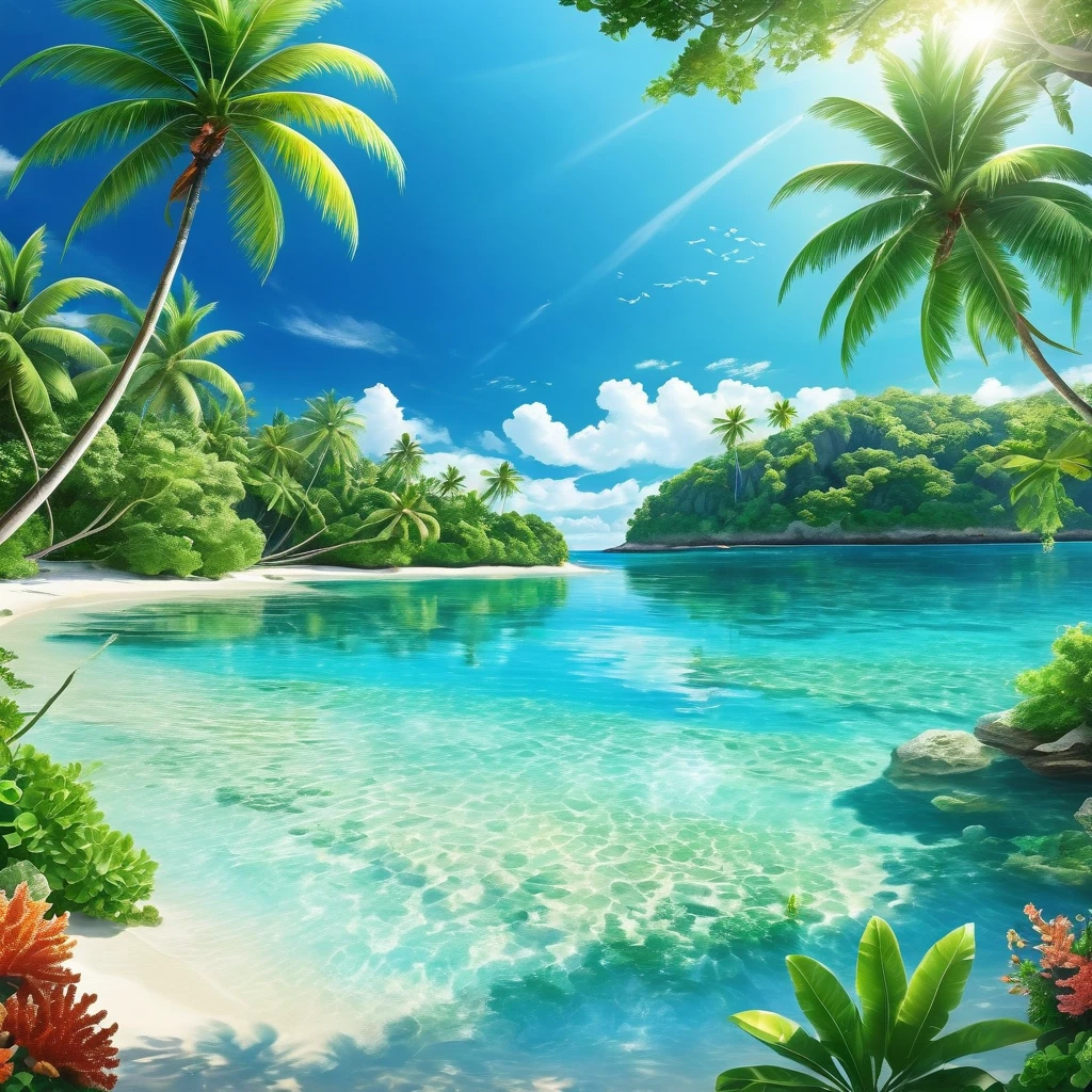 Generate a tropical paradise with crystal-clear waters. Depict a beach with white sand and vibrant coral reefs beneath the surface. The scene should showcase the reflections of the azure sky and lush palm trees on the water's surface.