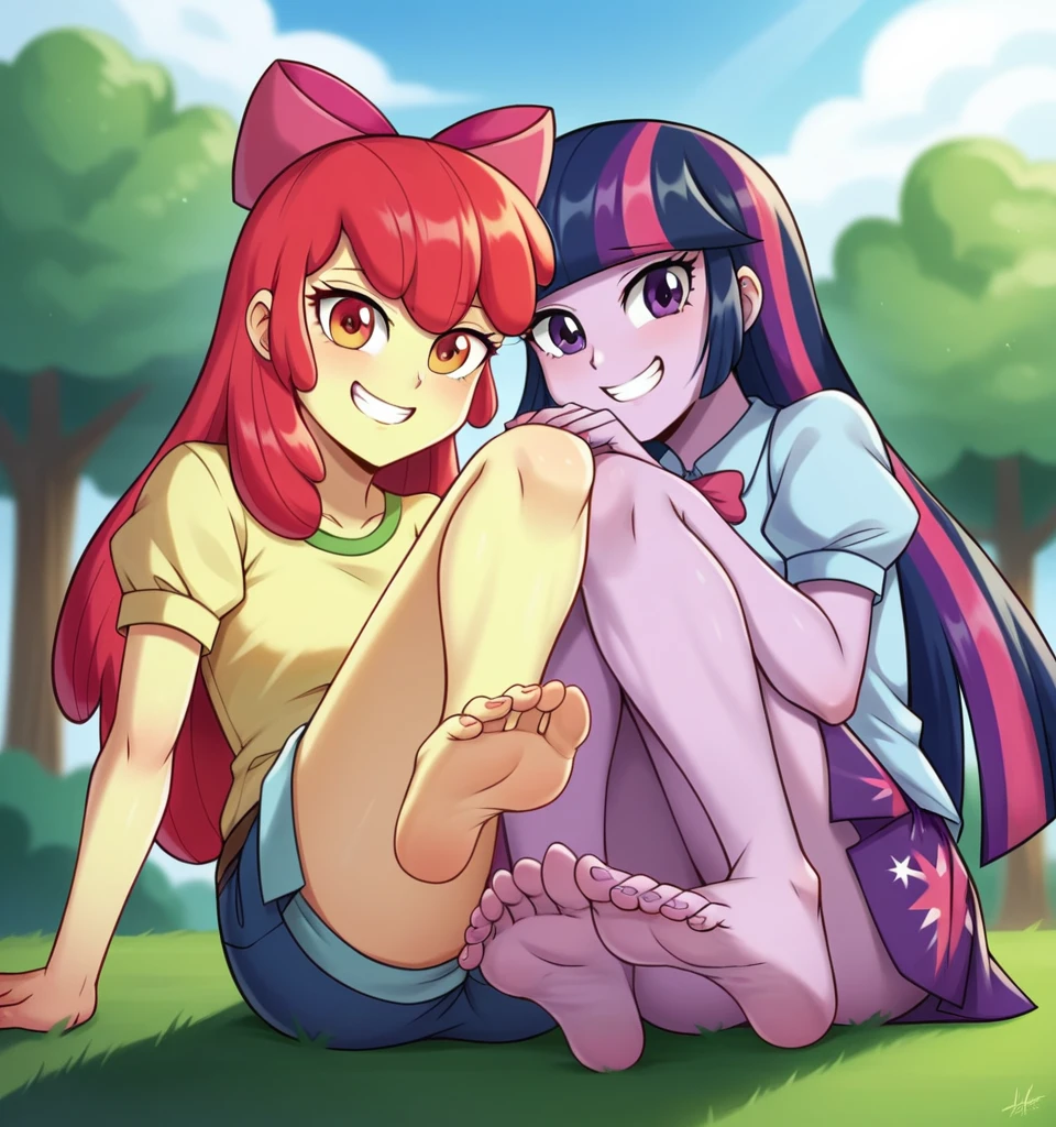 (((masterpiece))), (((best quality))), ((ultra-detailed)), (highly detailed CG illustration), ((an extremely delicate and beautiful)),(cute delicate face),cinematic light, ((High Quality Image 10k)) ((Perfect Cartoon Autonomy 10k)) Masterpiece, Twilight Sparkle and Apple Bloom are naked, two girls only, (below 1.2) Apple Bloom is letting Twilight Sparkle Suck on her big Feet at the park, Twilight Sparkle and Apple Bloom Equestria Girls, Twilight Sparkle is enjoying herself While sucking on Apple Blooms feet, Apple Bloom has a smug grin on her face While Twilight Sparkle is enjoying Sucking on Apple Blooms Feet, Twilight Sparkle and Apple Bloom, cuerpo completo, high resolusion