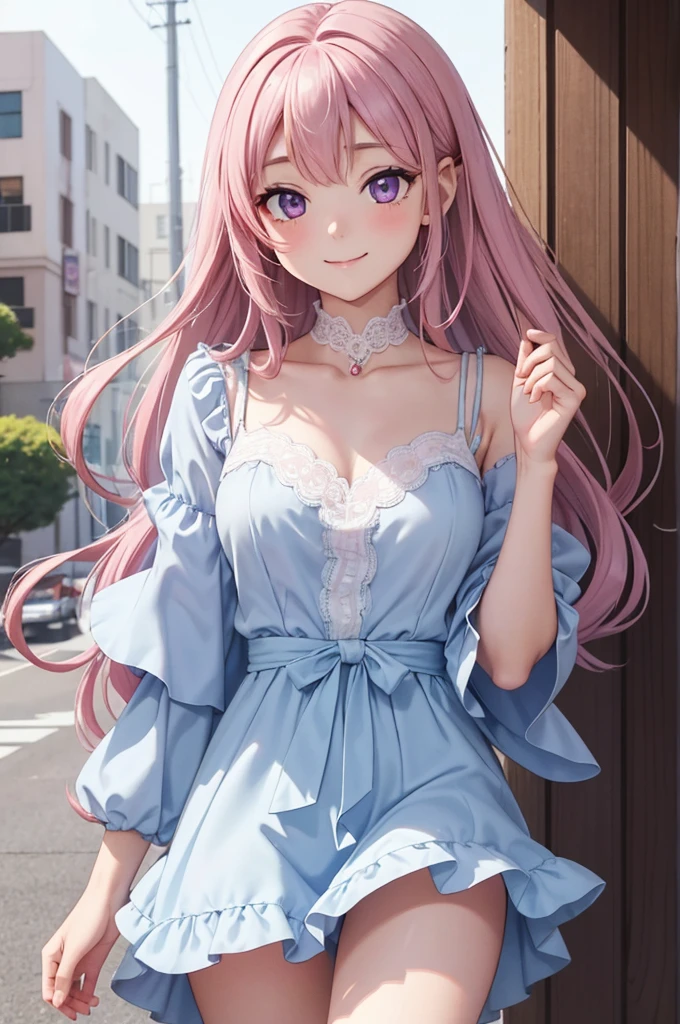 yuki (female protagonist)Appearance:hairs: long and smooth, PINK, falling gently on the shoulders. her bangs are cut smoothly, framing your face.eyeballs: grandes e expressivos, brown and pink, always shining with a mix of curiosity and kindness.Skinned: Clear and smooth, with a slight blush on the cheeks that accentuates its sweetness.Height and Body: of medium height, with a delicate and slender body, but with a confident and graceful posture.Clothing: usually wears feminine and elegant clothes, like flowery summer dresses, full skirts and blouses with lace details. Prefer pastel tones like pink, lilac and light blue.Personalidade:nice: Always concerned about others, yuki demonstra uma gentileza e empatia raras.Curious: Has a great desire to learn and understand the world around them, especially sign language.Determination: Apesar de suas dificuldades, yuki não desiste facilmente e está sempre tentando superar os obstáculos com coragem.fly away: Your delicate gestures, how to tilt your head slightly when listening to something interesting, and your warm smile, make her an extremely captivating character.