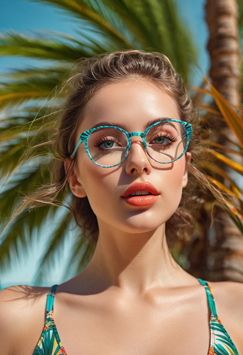 a girl in a swimsuit among palm trees,(glasses:1.2),(beautiful detailed eyes,beautiful detailed lips,extremely detailed eyes and face,long eyelashes:1.3),(relaxed,happy expression:1.2),photorealistic,8k,highly detailed,(vibrant colors,warm color palette:1.2),cinematic lighting,(intricate background details:1.2),tropical paradise, summer beach scene