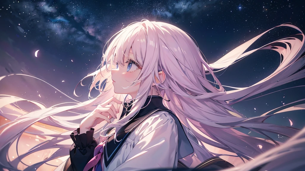 (Night Sky), ((Beautiful eyes)), (((profile,Looking up))), (((Highest quality、masterpiece、Ultra-fine、Ultra-fine、Exquisite、16K、Full HD,high school girl))) 、Long eyelashes、White skin、(thin and long)、 ((cute)) ((One person)),Zoom out,(A magnificent composition、epic proportion)、(Pale pink lips、Pale pink cheeks、thin and long)、Dynamic lighting,