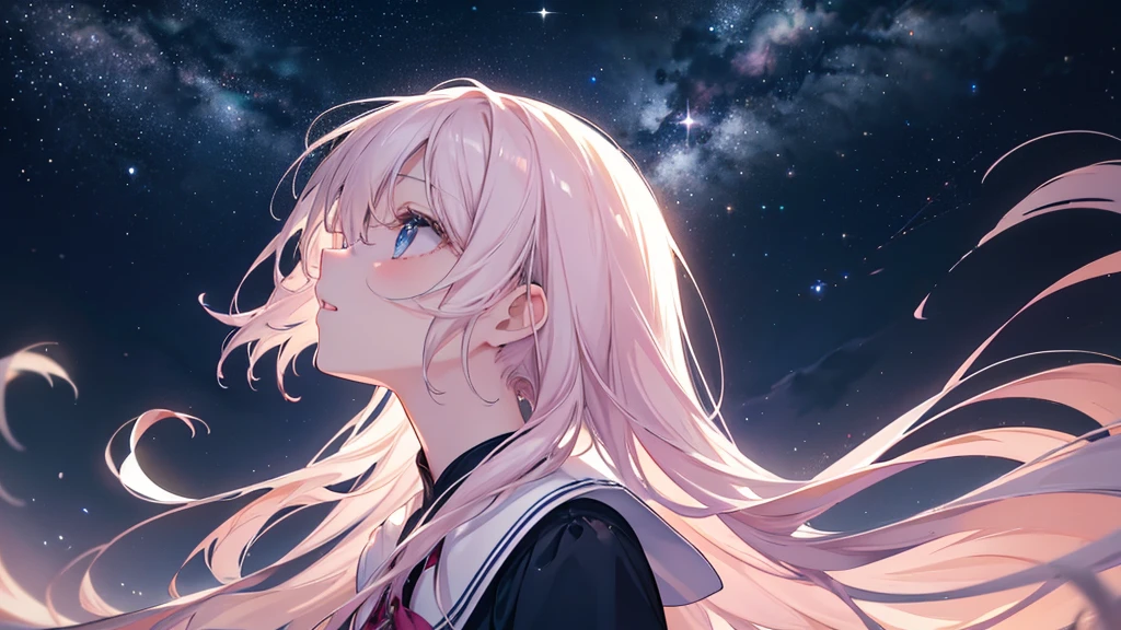 (Night Sky), ((Beautiful eyes)), (((profile,Looking up))), (((Highest quality、masterpiece、Ultra-fine、Ultra-fine、Exquisite、16K、Full HD,high school girl))) 、Long eyelashes、White skin、(thin and long)、 ((cute)) ((One person)),Zoom out,(A magnificent composition、epic proportion)、(Pale pink lips、Pale pink cheeks、thin and long)、Dynamic lighting,