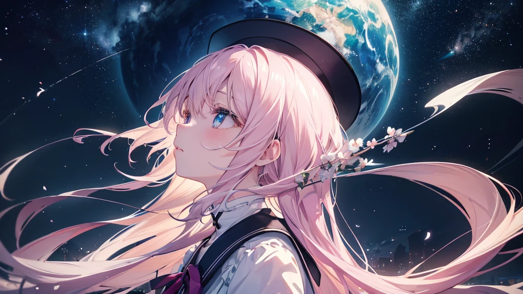 (Night Sky), ((Beautiful eyes)), (((profile,Looking up))), (((Highest quality、masterpiece、Ultra-fine、Ultra-fine、Exquisite、16K、Full HD,high school girl))) 、Long eyelashes、White skin、(thin and long)、 ((cute)) ((One person)),Zoom out,(A magnificent composition、epic proportion)、(Pale pink lips、Pale pink cheeks、thin and long)、Dynamic lighting,