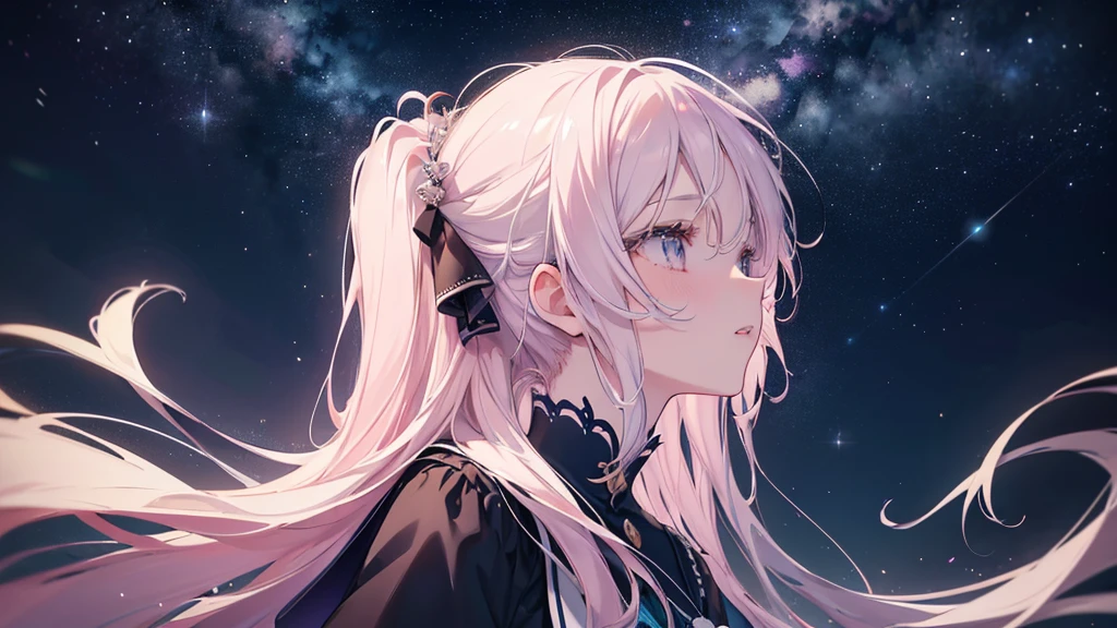 (Night Sky), ((Beautiful eyes)), (((profile,Looking up))), (((Highest quality、masterpiece、Ultra-fine、Ultra-fine、Exquisite、16K、Full HD,high school girl))) 、Long eyelashes、White skin、(thin and long)、 ((cute)) ((One person)),Zoom out,(A magnificent composition、epic proportion)、(Pale pink lips、Pale pink cheeks、thin and long)、Dynamic lighting,
