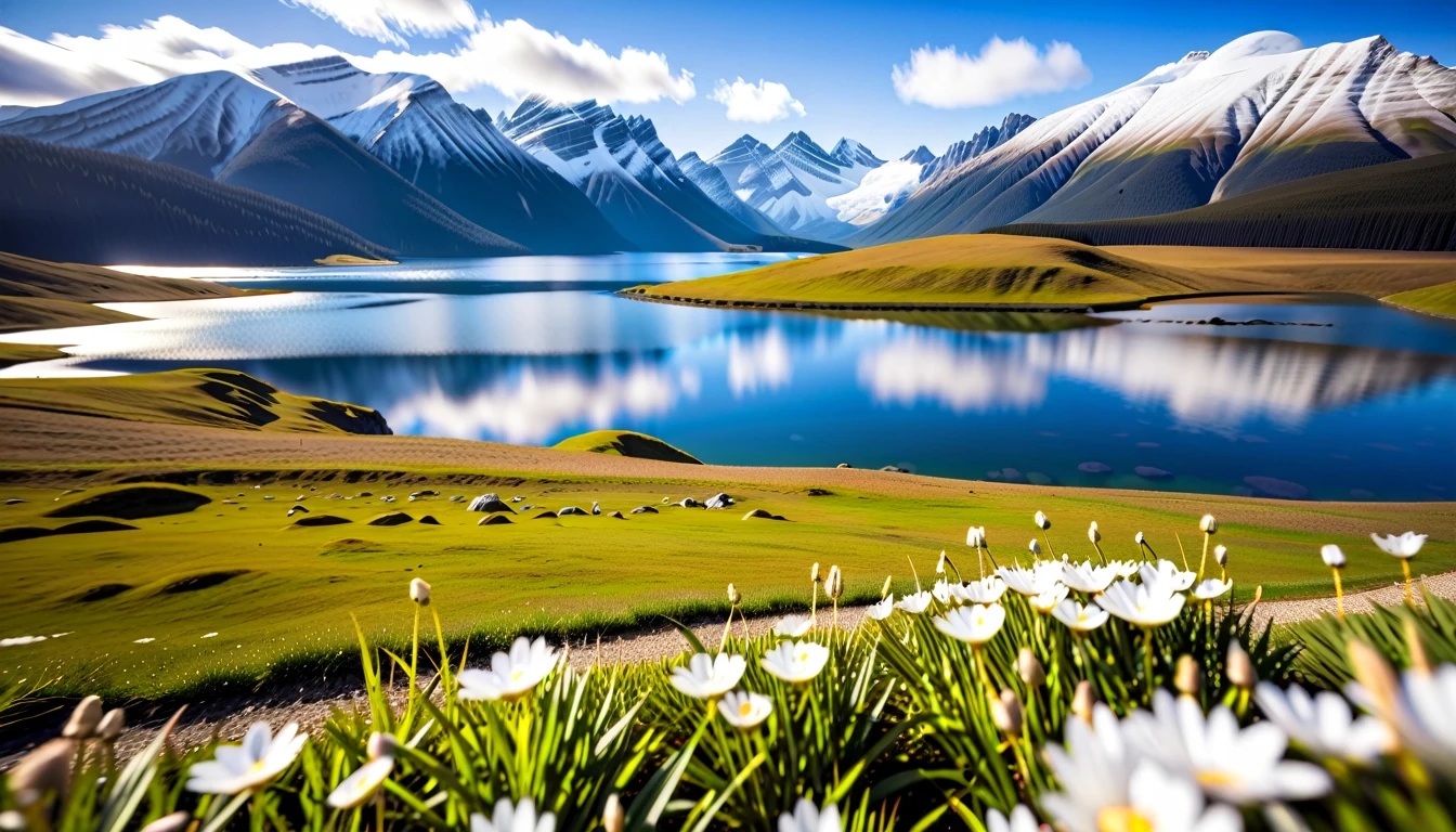 meadows, clear lakes,heaven, large clouds, blue sky, HD detail, hyper-detail, cinematic, soft light, deep field focus bokeh, distant view is snowy mountains, (high quality, best quality:1.3)