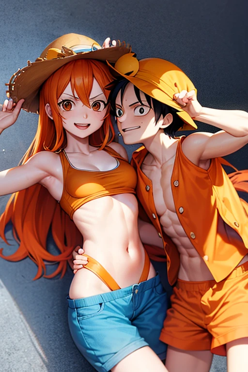 Nami and luffy from one piece kissing and nami with hair orange and bleu eyes and wearing pickini and luffy with hes hat