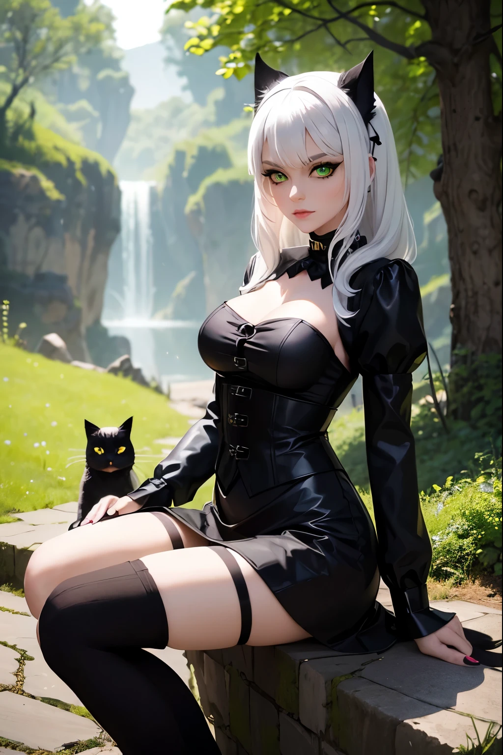 pretty woman, white hair, green eyes, black top and skirt, over the knee socks with stones on them, gothiccore style, anime style art, ((black cat sitting next to her)), with Pet Cat, Black Cat, forest background, digital painting. --ar 3:4 --niji 6