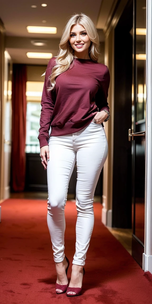 Allie Dunn, blond hair, (burgundy sweatshirt), (cream pants), (high heels), (perfect leggs), (whole body), (posing), (photo pose), (walking through corridor), (red carpet), (confident stance), (alluring allure), (impeccable craftsmanship), (exquisite attention to detail), (smile) (perfect smile), perfect lipps), (perfect teeth), (perfect smile), (irresistible sexiness), (designed to ignite passion), (undeniable sensuality). looking at viewer, smiling, masterpiece, best quality, highly detailed, (Beautiful and detailed eyes), (beautiful and detailed face), Perfect female body, (Best Quality), (ultra-detailed), (master piece), (high resolution), (Original), (the Extremely Detailed CG Unity 8K Wallpapers), big , perfect skin, perfect face, ultra realistic, sexy.
