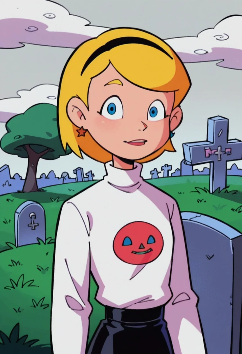 score_9, score_8_up, score_7_up, 
1girl, sabrina spellman, blonde hair, blue eyes, medium hair, black hairband, red t-shirt, turtleneck, long sleeves, black skirt, outdoors, standing, graveyard, mist, grey sky, pantyhose,
upper body, looking at viewer,