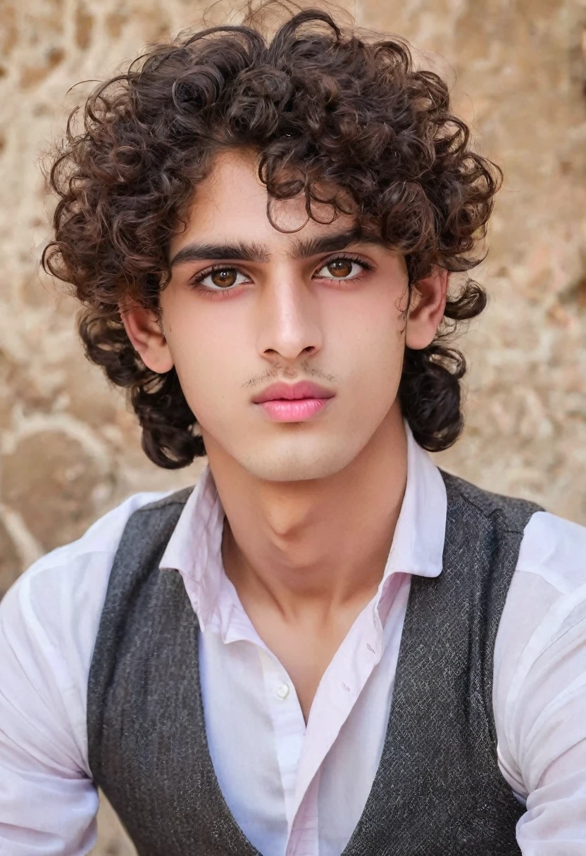 A 18 years old man with beautiful brown eyes curly hairs white and pink color with thin lips and beautiful sharp nose with little big eyes extra white and pink color. Weight is 60 kg. 5.10 height. Pakistani pakhtoon man