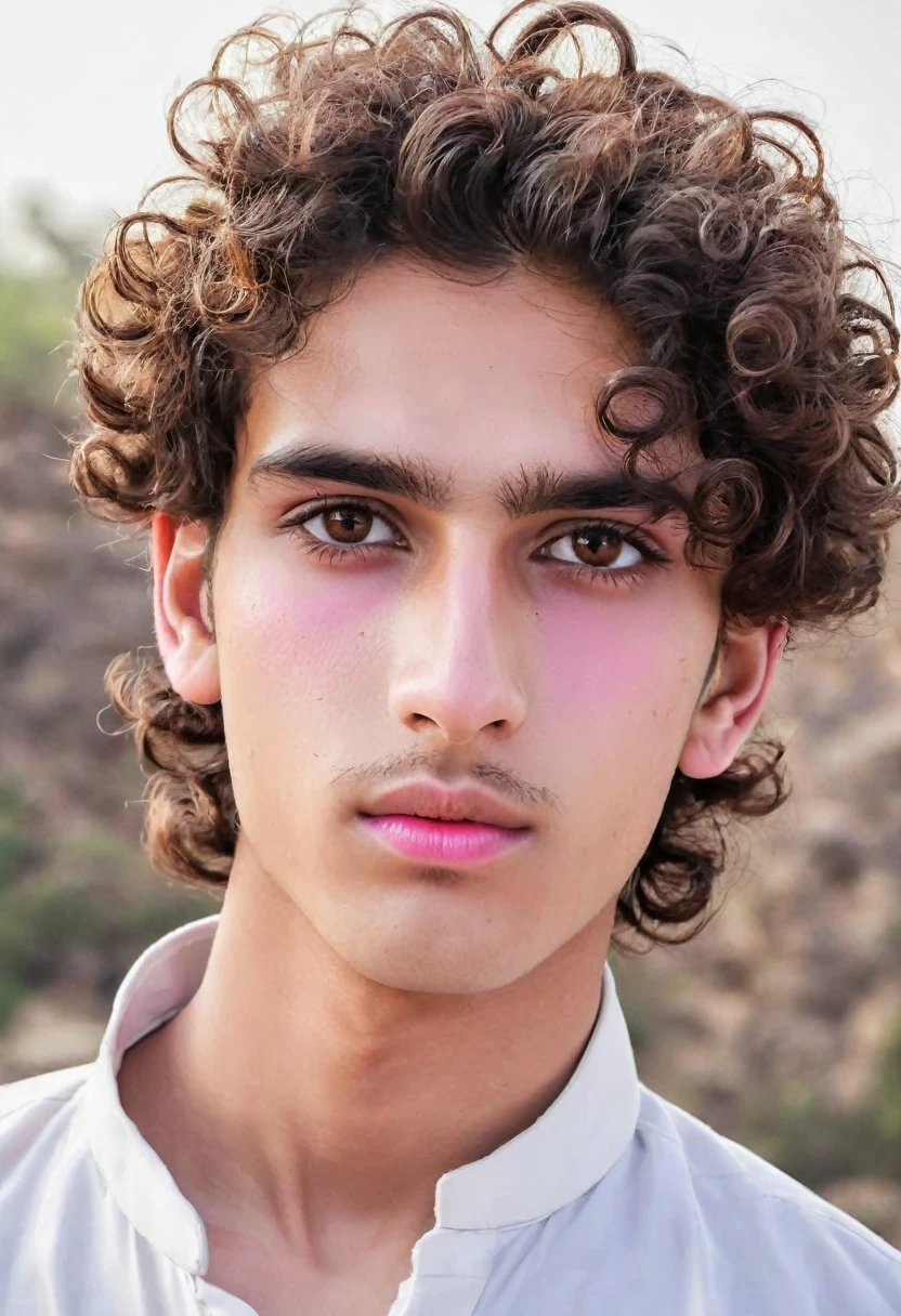 A 18 years old man with beautiful brown eyes curly hairs white and pink color with thin lips and beautiful sharp nose with little big eyes extra white and pink color. Weight is 60 kg. 5.10 height. Pakistani pakhtoon man