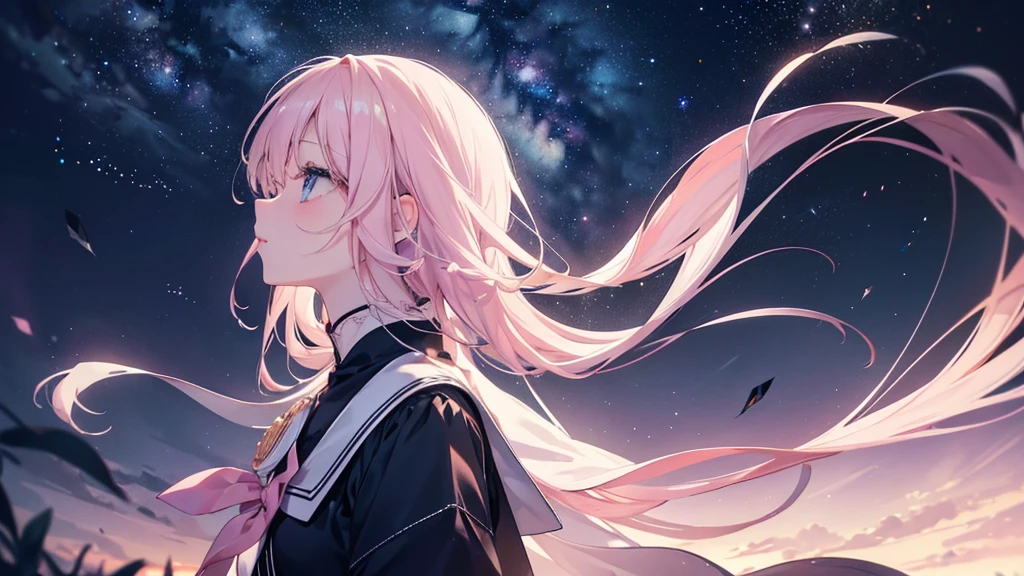 (Night Sky), ((Beautiful eyes)), (((profile,Looking up))), (((Highest quality、masterpiece、Ultra-fine、Ultra-fine、Exquisite、16K、Full HD,high school girl))) 、Long eyelashes、White skin、(thin and long)、 ((cute)) ((One person)),Zoom out,(A magnificent composition、epic proportion)、(Pale pink lips、Pale pink cheeks、thin and long)、Dynamic lighting,