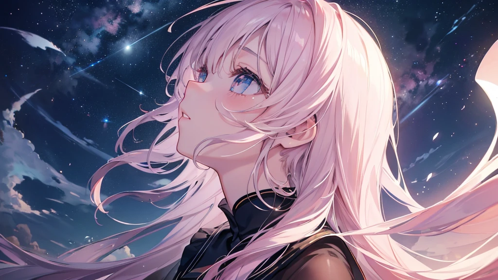 (Night Sky), ((Beautiful eyes)), (((profile,Looking up))), (((Highest quality、masterpiece、Ultra-fine、Ultra-fine、Exquisite、16K、Full HD,high school girl))) 、Long eyelashes、White skin、(thin and long)、 ((cute)) ((One person)),Zoom out,(A magnificent composition、epic proportion)、(Pale pink lips、Pale pink cheeks、thin and long)、Dynamic lighting,