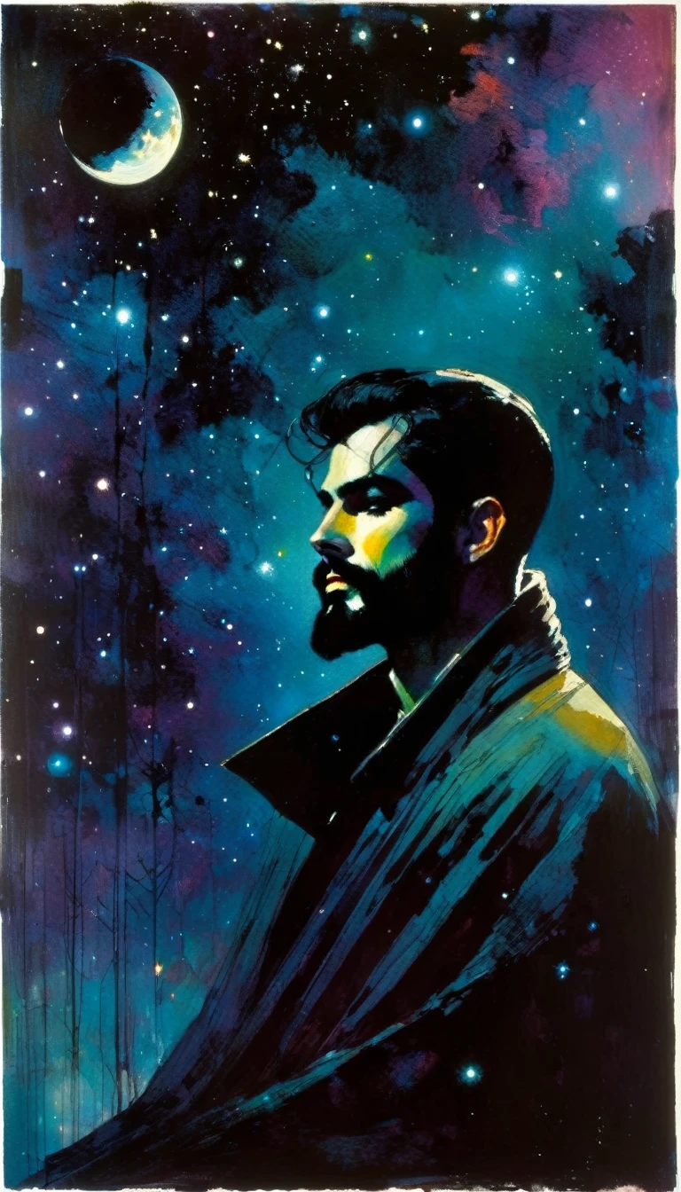young, bald man with black beard, loneliness, fantastic, night sky, moon, stars, background (art inspired by Bill Sienkiewicz). oil painting)