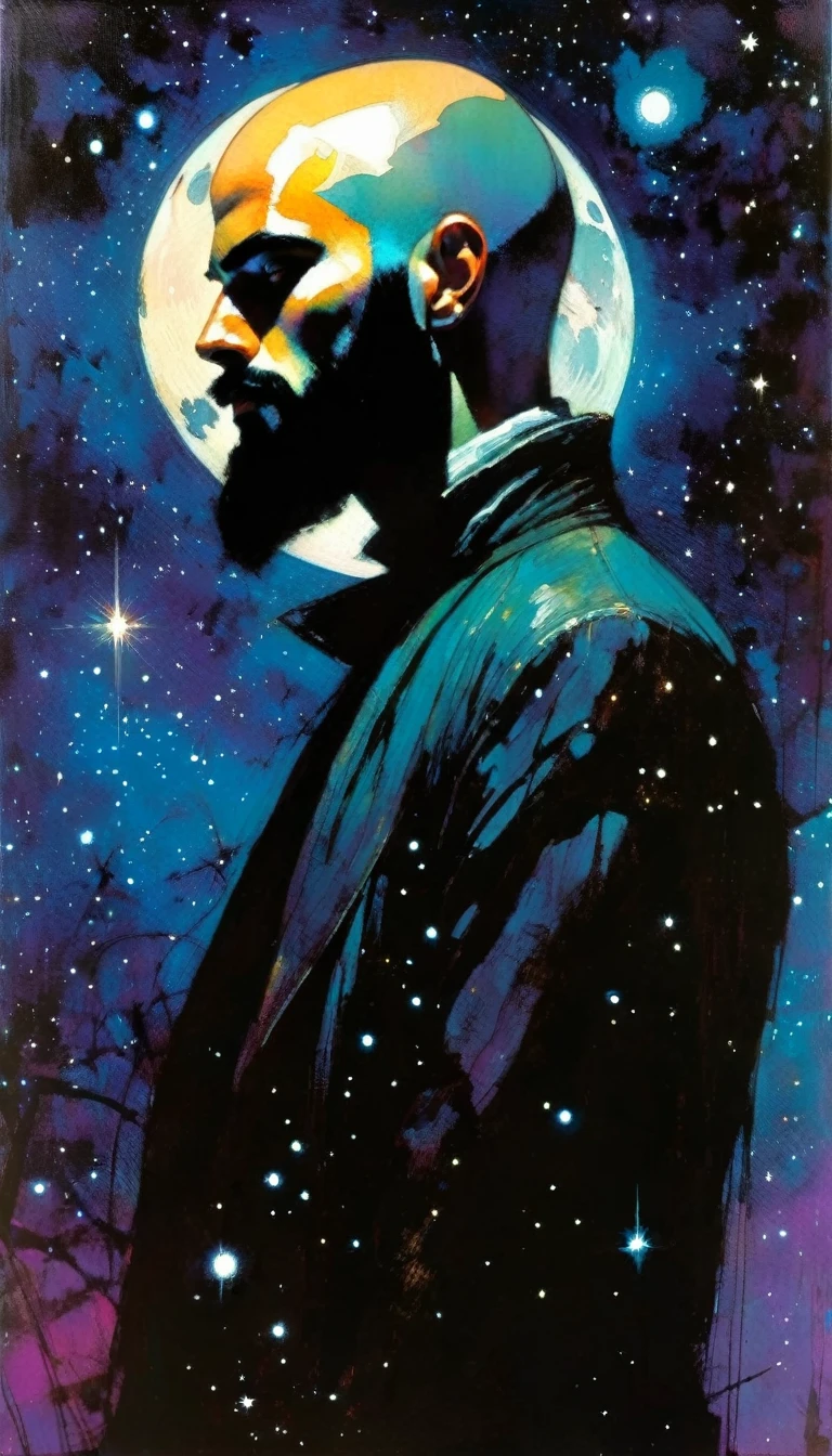 young, bald man with black beard, loneliness, fantastic, night sky, moon, stars, background (art inspired by Bill Sienkiewicz). oil painting)
