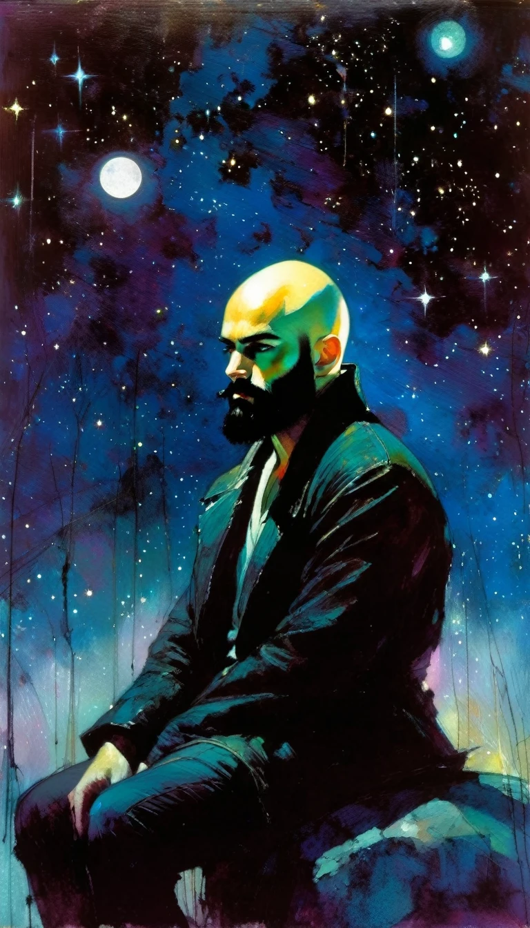 young, bald man with black beard, loneliness, fantastic, night sky, moon, stars, background (art inspired by Bill Sienkiewicz). oil painting)
