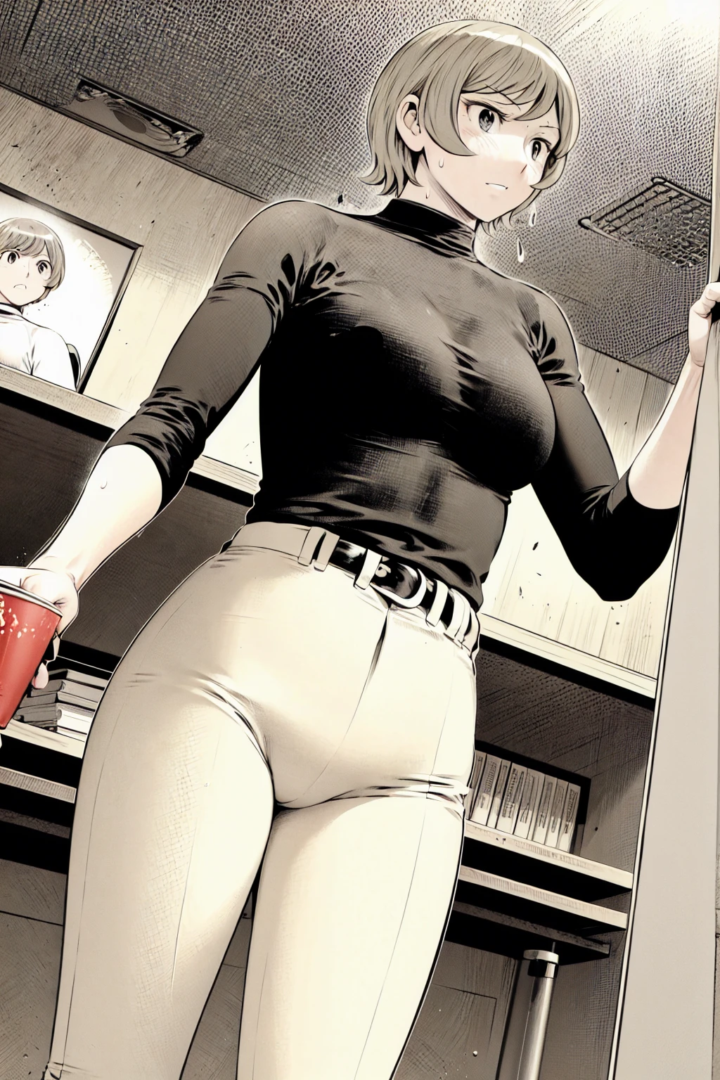、(masterpiece、Highest quality)、Highest quality, Ultra-high resolution, (((masterpiece))), alone, Sweat、Big eyes,Tight black shirt、Tight white pants、belt、indoor、Composition from the front、（後ろCut your hair short、short hair、blonde、woman）、Shortcuts、Embarrassed face、Cut your hair short、可愛いwomanの子、Big Breasts、office