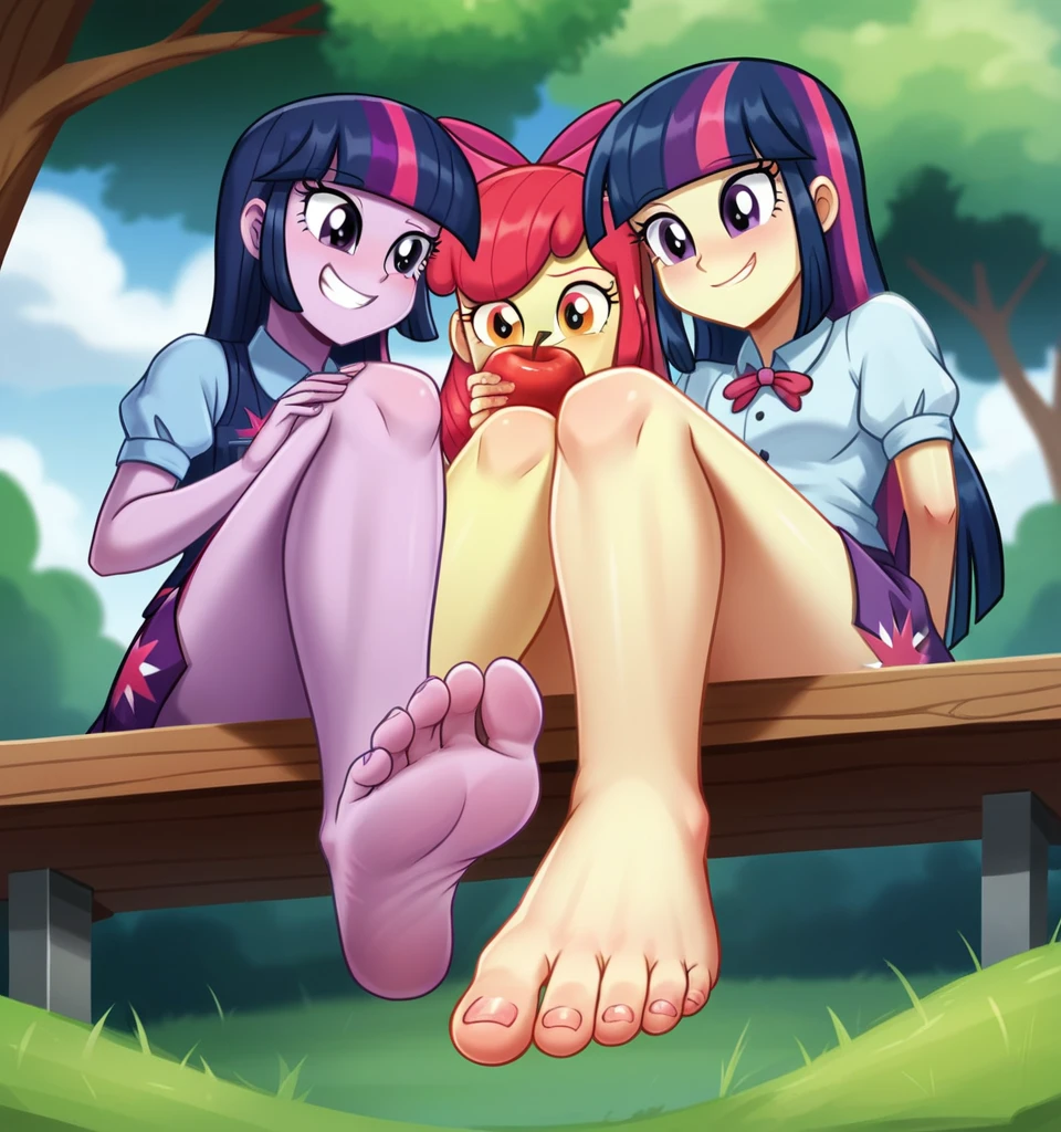 (((masterpiece))), (((best quality))), ((ultra-detailed)), (highly detailed CG illustration), ((an extremely delicate and beautiful)),(cute delicate face),cinematic light, ((High Quality Image 10k)) ((Perfect Cartoon Autonomy 10k)) Masterpiece, Twilight Sparkle and Apple Bloom are , two girls only, (below 1.2) Apple Bloom is letting Twilight Sparkle Suck er big Feet at the park, Twilight Sparkle and Apple Bloom Equestria Girls, Twilight Sparkle is enjoying herself While sucking ople Blooms feet, Apple Bloom has a smug grin on her face While Twilight Sparkle is enjoying Sucking on ApBlooms Feet, Twilight Sparkle and Apple Bloom, cuerpo completo, high resolusion