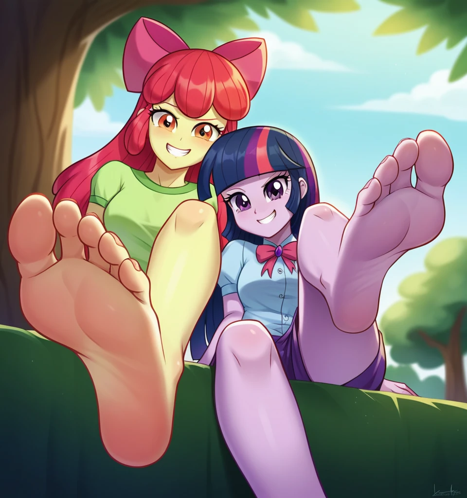 (((masterpiece))), (((best quality))), ((ultra-detailed)), (highly detailed CG illustration), ((an extremely delicate and beautiful)),(cute delicate face),cinematic light, ((High Quality Image 10k)) ((Perfect Cartoon Autonomy 10k)) Masterpiece, Twilight Sparkle and Apple Bloom are naked, two girls only, (below 1.2) Apple Bloom is letting Twilight Sparkle Suck on her big Feet at the park, Twilight Sparkle and Apple Bloom Equestria Girls, Twilight Sparkle is enjoying herself While sucking on Apple Blooms feet, Apple Bloom has a smug grin on her face While Twilight Sparkle is enjoying Sucking on Apple Blooms Feet, Twilight Sparkle and Apple Bloom, cuerpo completo, high resolusion
