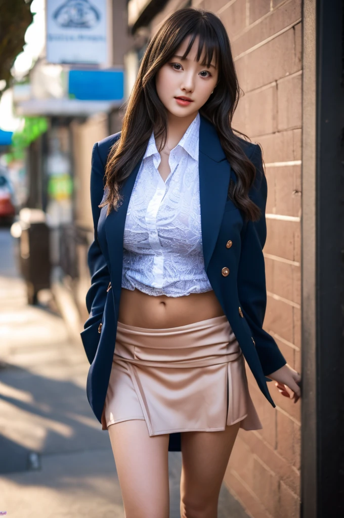 a 17 year old girl, she is the most beautiful actress in the world, the perfect body proportions of this girl with her large breasts, her upper body within the formal shirt are clothed with the blazer on her waist area between shirt and short skirt, her crotch area of the panties between her bare legs are hardly hidden by the short skirt, the front of her body, the one description, she is standing straight, at the street, nsfw, best quality, highly detailed, masterpiece, ultra high res, photo realistic, 8k, RAW photo
