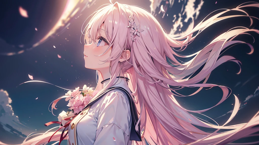 (Asahi), ((Beautiful eyes)), (((profile,Looking up))), (((Highest quality、masterpiece、Ultra-fine、Ultra-fine、Exquisite、16K、Full HD,high school girl))) 、Long eyelashes、White skin、(thin and long)、 ((cute)) ((One person)),Zoom out,(A magnificent composition、epic proportion)、(Pale pink lips、Pale pink cheeks、thin and long)、Dynamic lighting,