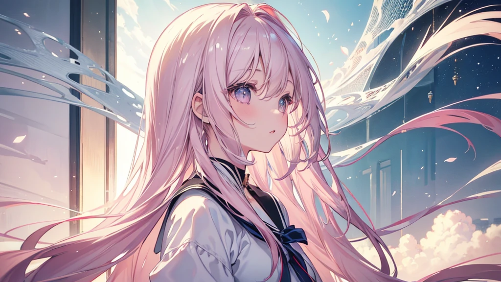(Asahi), ((Beautiful eyes)), (((profile,Looking up))), (((Highest quality、masterpiece、Ultra-fine、Ultra-fine、Exquisite、16K、Full HD,high school girl))) 、Long eyelashes、White skin、(thin and long)、 ((cute)) ((One person)),Zoom out,(A magnificent composition、epic proportion)、(Pale pink lips、Pale pink cheeks、thin and long)、Dynamic lighting,