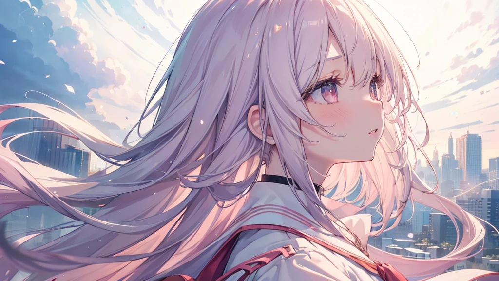 (Asahi), ((Beautiful eyes)), (((profile,Looking up))), (((Highest quality、masterpiece、Ultra-fine、Ultra-fine、Exquisite、16K、Full HD,high school girl))) 、Long eyelashes、White skin、(thin and long)、 ((cute)) ((One person)),Zoom out,(A magnificent composition、epic proportion)、(Pale pink lips、Pale pink cheeks、thin and long)、Dynamic lighting,