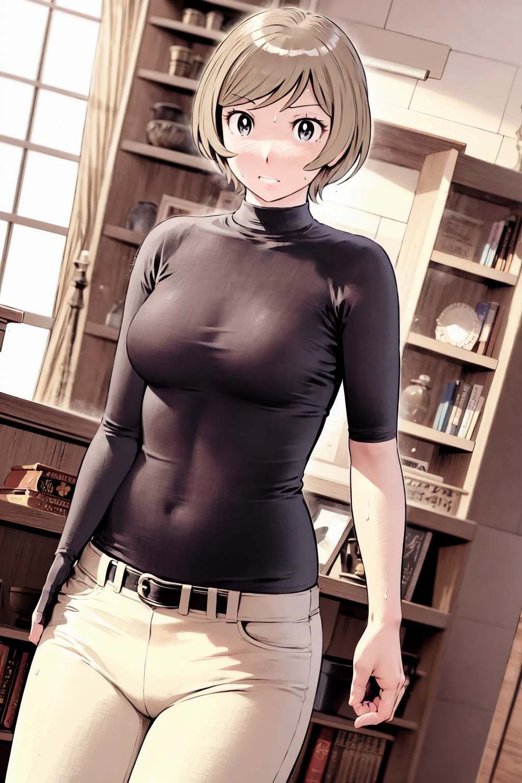 、(masterpiece、Highest quality)、Highest quality, Ultra-high resolution, (((masterpiece))), alone, Sweat、Big eyes,Tight black shirt、Tight white pants、belt、indoor、Composition from the front、(Cut the back hair short、short hair、blonde、woman)、Shortcuts、Embarrassed face、Cut your hair short、可愛いwomanの子、Big Breasts、office