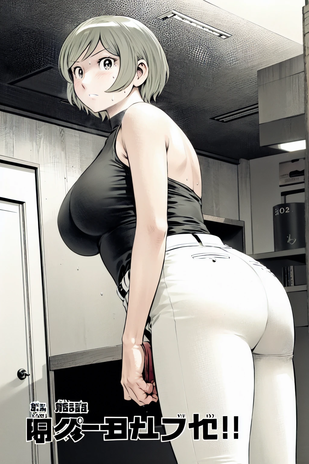 、(masterpiece、Highest quality)、Highest quality, Ultra-high resolution, (((masterpiece))), alone, Sweat、Big eyes,Tight black shirt、Tight white pants、belt、indoor、Composition from the front、(Cut the back hair short、short hair、blonde、woman)、Shortcuts、Embarrassed face、Cut your hair short、可愛いwomanの子、Big Breasts、office