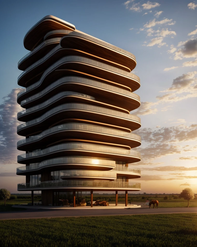 Zaha Hadid style hotel tower with wood and metal texture, rural landscape with horses, herd of cattle and little birds flying in the sky at dusk in high quality, 8k UHD