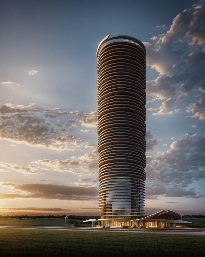 Zaha Hadid style hotel tower with wood and metal texture, rural landscape with horses, herd of cattle and little birds flying in the sky at dusk in high quality, 8k UHD