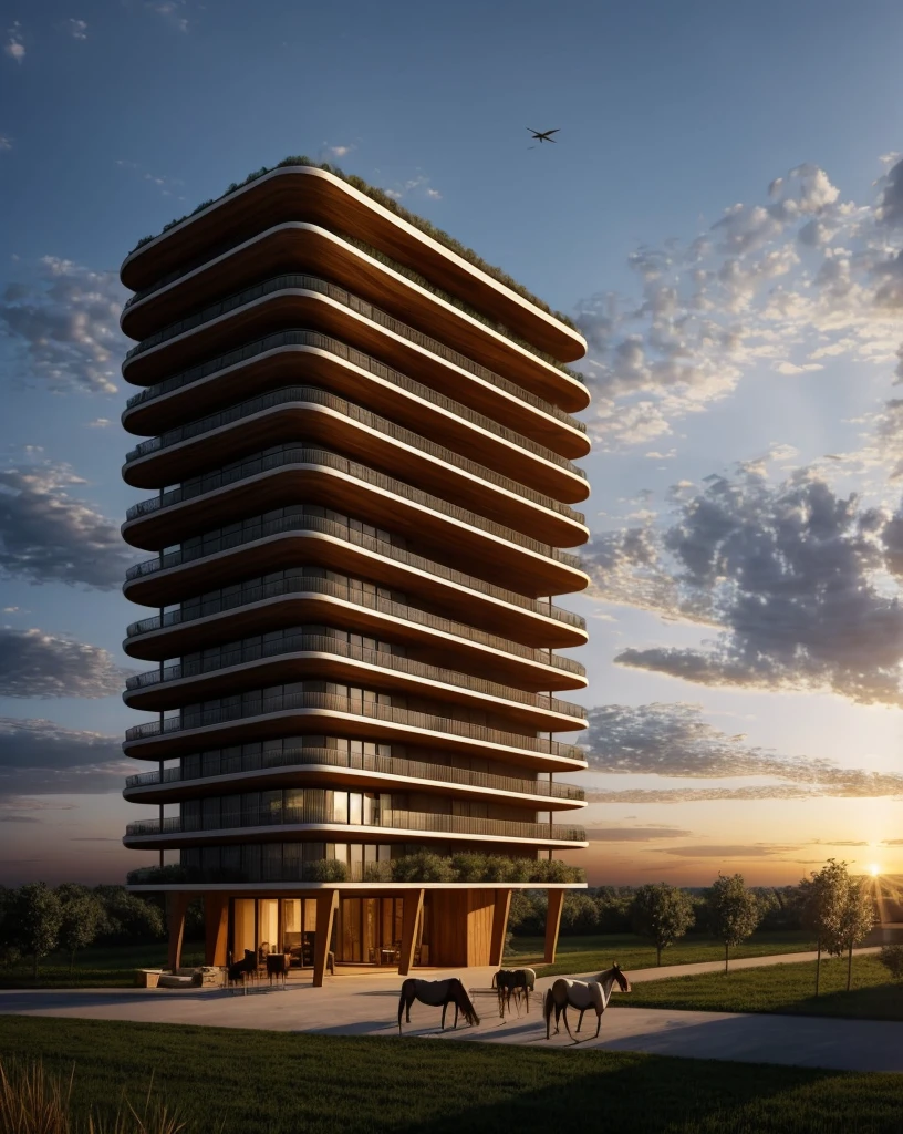 Zaha Hadid style hotel tower with wood and metal texture, rural landscape with horses, herd of cattle and little birds flying in the sky at dusk in high quality, 8k UHD