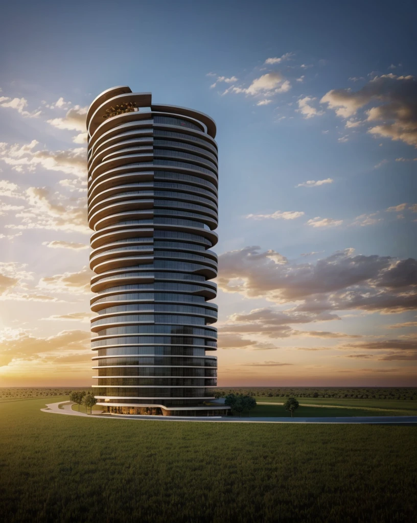 Zaha Hadid style hotel tower with wood and metal texture, rural landscape with horses, herd of cattle and little birds flying in the sky at dusk in high quality, 8k UHD