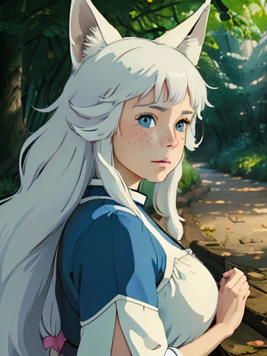 (best quality,4k,8k,highres,masterpiece:1.2), ultra-detailed, realistic:1.37, young solo girl, detailed blue eyes, fox ears,fox tail, freckles,large breasts, cute, white hair, long wavy hair, portrait, vibrant colors, soft lighting, in a park, wearing Japanese style clothes 