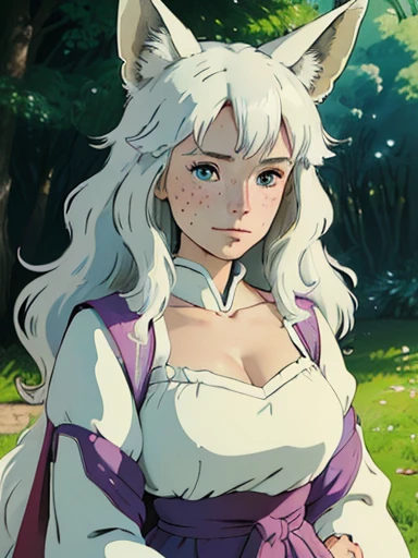 (best quality,4k,8k,highres,masterpiece:1.2), ultra-detailed, realistic:1.37, young solo girl, detailed blue eyes, fox ears,fox tail, freckles,large breasts, cute, white hair, long wavy hair, portrait, vibrant colors, soft lighting, in a park, wearing Japanese style clothes 