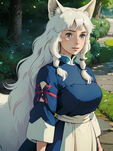 (best quality,4k,8k,highres,masterpiece:1.2), ultra-detailed, realistic:1.37, young solo girl, detailed blue eyes, fox ears,fox tail, freckles,large breasts, cute, white hair, long wavy hair, portrait, vibrant colors, soft lighting, in a park, wearing Japanese style clothes 