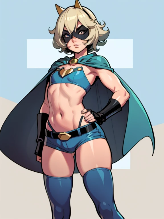 sidekick femboy In booty shorts, knee high hero boots, Blur shaggy hair, blue eyes, (SUPER FLAT CHEST)(FLAT CHEST), solo, alone, wearing domino mask, wearing cape, besnt over, nice butt