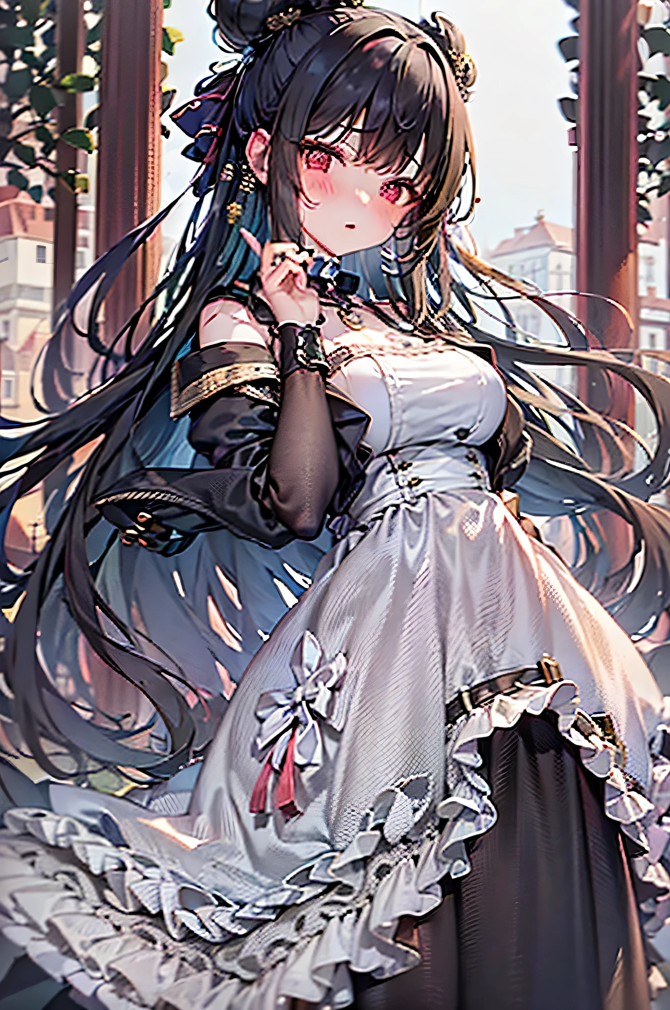 Full body illustration of a 24 year old woman with very large breasts。Long straight black hair in a hime cut、She has straight bangs and blue eyes.。She is wearing a black Gothic ****ta dress。She's waving her hand。