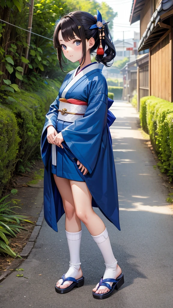 twelve year old brunette girl，Hairpin，Geisha hairstyle，Blue Kimono，White socks，Straw sandals，Japanese Street