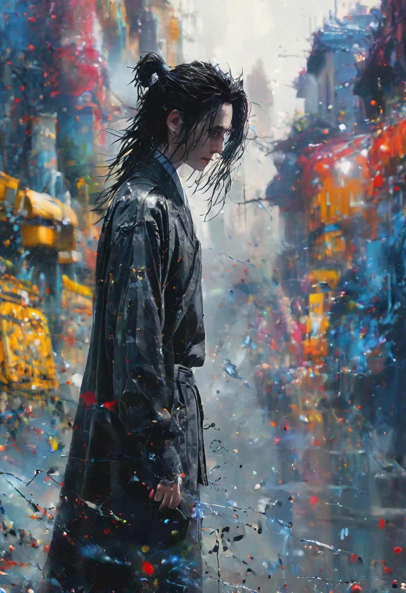 (Masterpiece, 8K, UHD, high resolution: 1.4), (Edward Scissorhands in the style of Spider-Verse: 1.3), (detailed and gothic outfit of Edward Scissorhands: 1.2), (hands with shining blades: 1.3), (disheveled hair and melancholic expression: 1.2), (background with stylized and colorful urban scenery: 1.1), (graffiti and street art elements: 1.2), (vibrant and dynamic atmosphere: 1.3), (detailed and intricate textures: 1.2), (elements of fantasy and action: 1.2), (innovative and artistic perspective: 1.3)